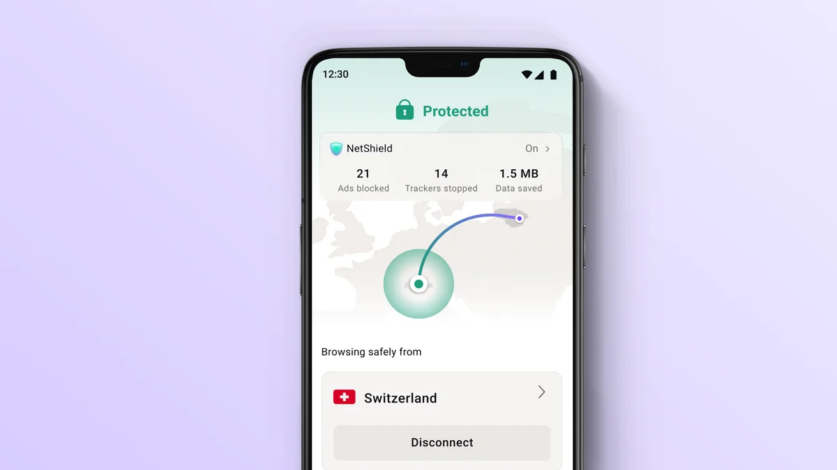 Provider-supplied Proton VPN Android home-screen image with connection status, a country map and NetShield statistics.